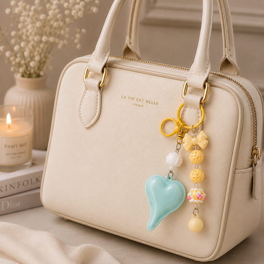 Blue beaded heart charm keychain on cream bag lifestyle shot