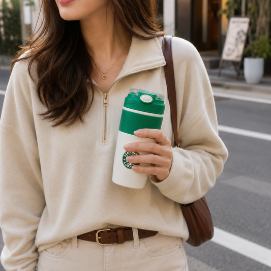 Starbucks-Inspired Insulated Tumbler with Flip & Straw Lid | 2-Way Sip | Cream & Green