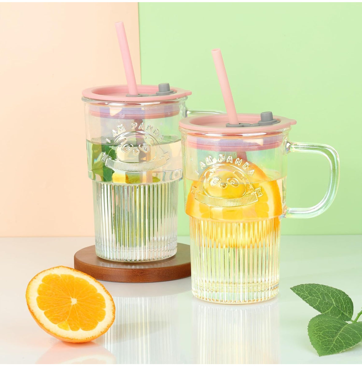 Panda Glass Mug with Straw & Lid 400ml
