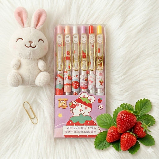 Strawberry Bunny Gel Pens — Pack of 6pcs