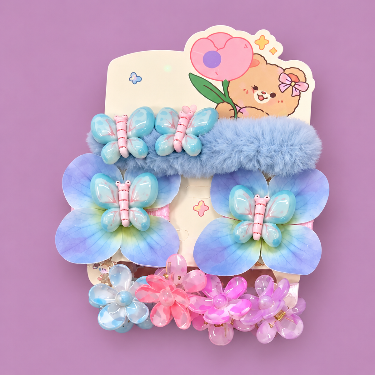 Kawaii Butterfly & Flower Hair Accessories Set for Girls | Fluffy Clip + Hair Ties