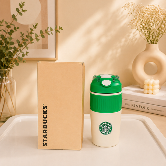Starbucks-Inspired Insulated Tumbler with Flip & Straw Lid | 2-Way Sip | Cream & Green