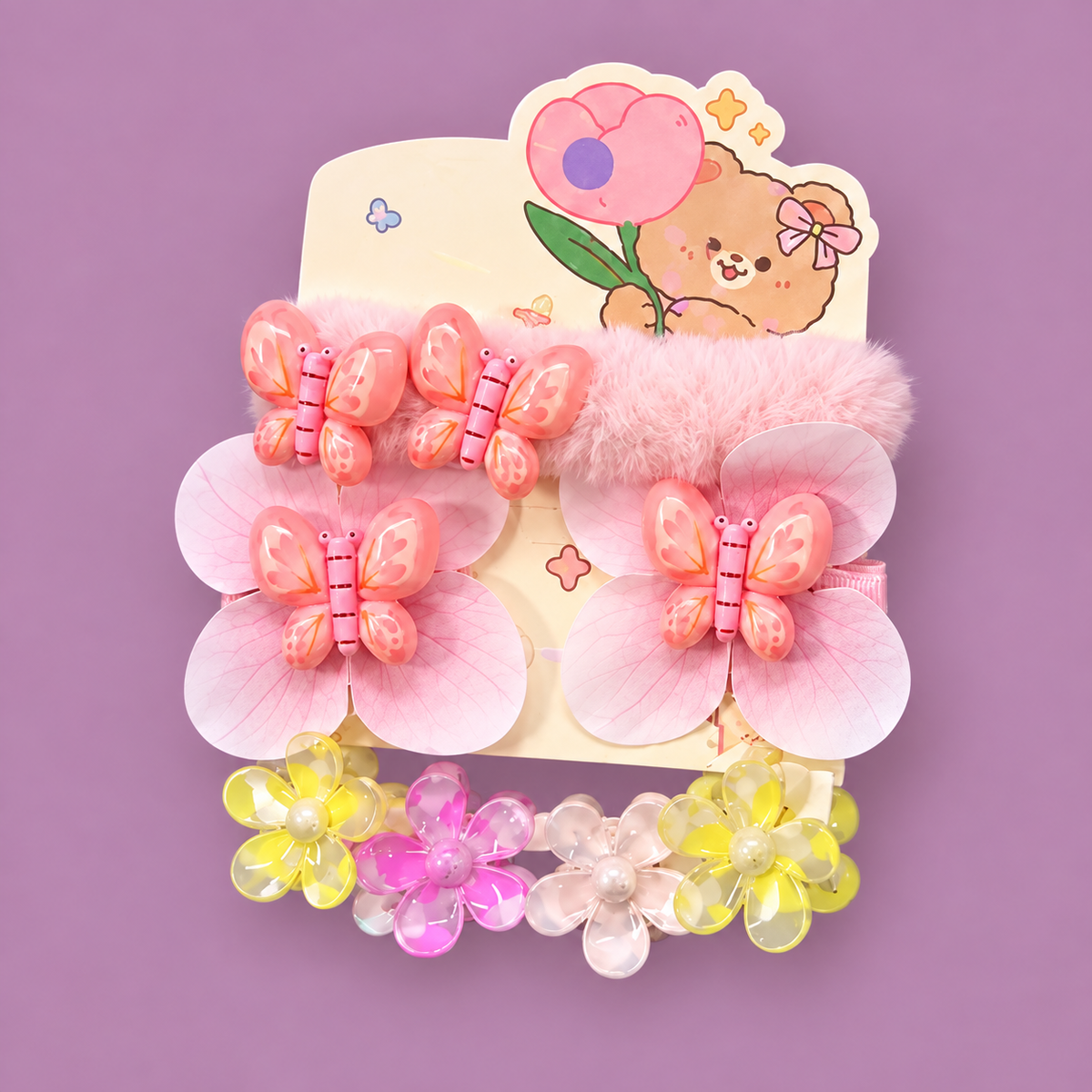Kawaii Butterfly & Flower Hair Accessories Set for Girls | Fluffy Clip + Hair Ties