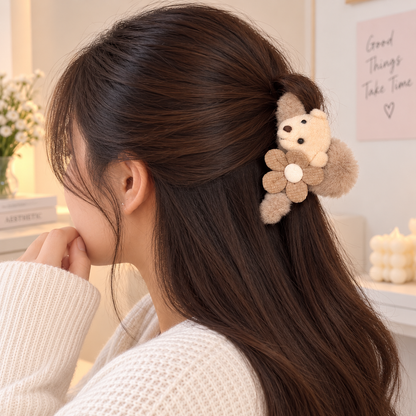 Fluffy Bear Flower Hair Clip | Kawaii Plush Claw Clip