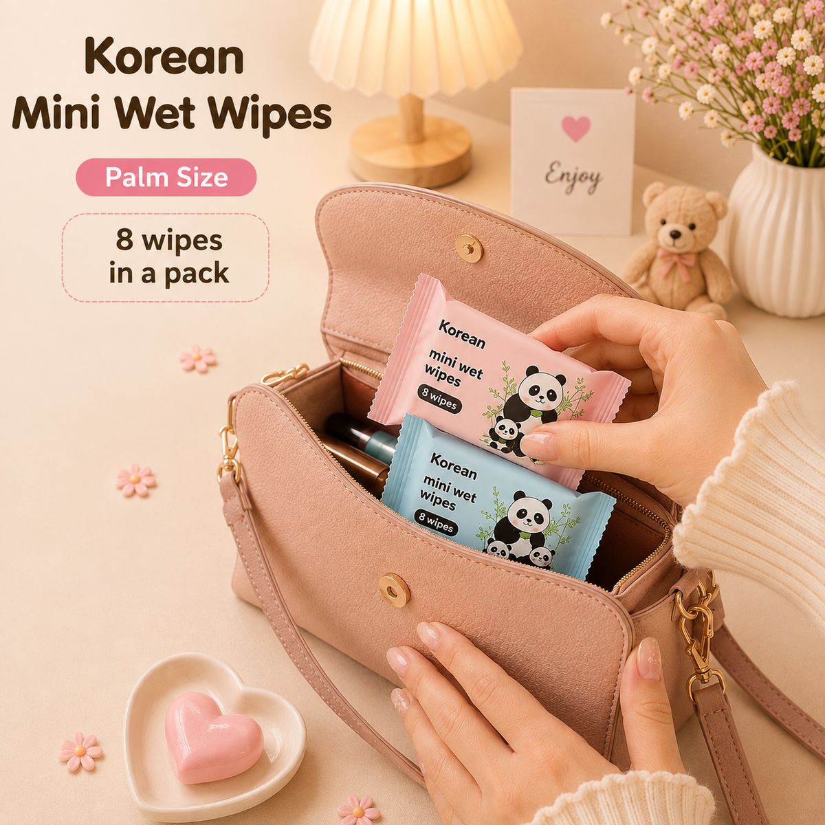Assorted kawaii mini wet wipe packs in multiple colours and designs laid flat