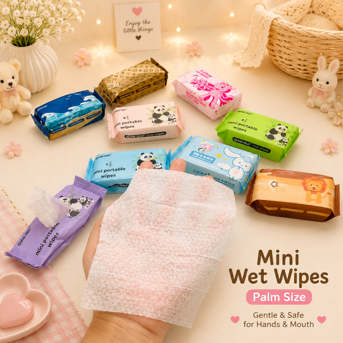 Korean mini wet wipes being placed into a pink crossbody bag