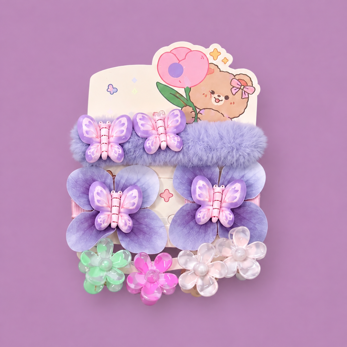 Kawaii Butterfly & Flower Hair Accessories Set for Girls | Fluffy Clip + Hair Ties