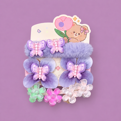 Kawaii Butterfly & Flower Hair Accessories Set for Girls | Fluffy Clip + Hair Ties