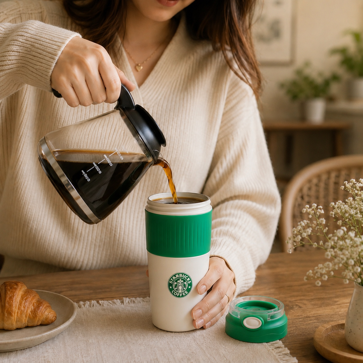 Starbucks-Inspired Insulated Tumbler with Flip & Straw Lid | 2-Way Sip | Cream & Green
