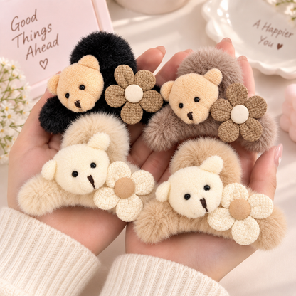 Fluffy Bear Flower Hair Clip | Kawaii Plush Claw Clip