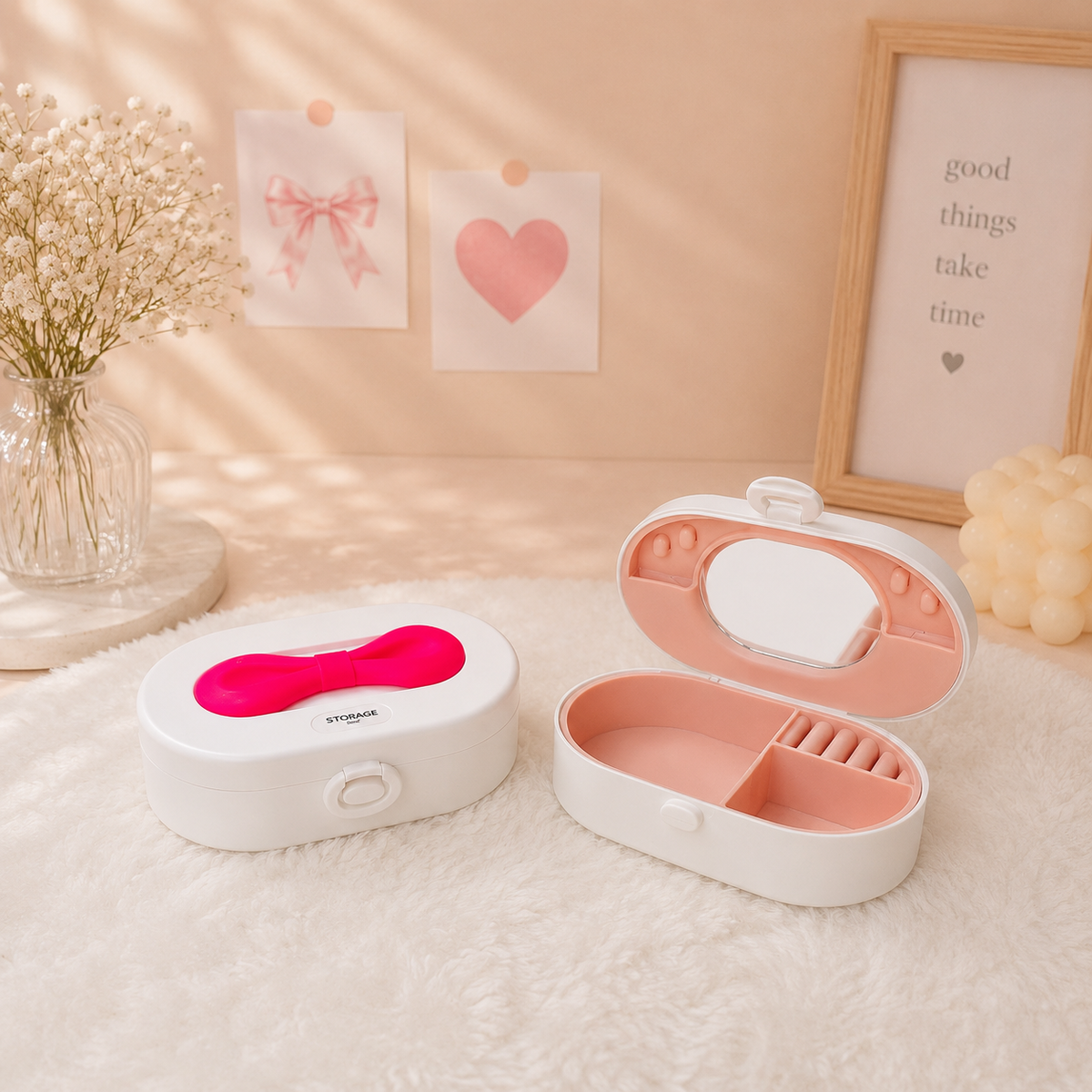 Kawaii Bow Storage Box with Mirror & Silicon Compartments