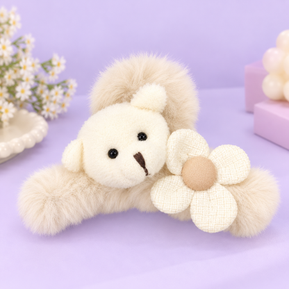Fluffy Bear Flower Hair Clip | Kawaii Plush Claw Clip
