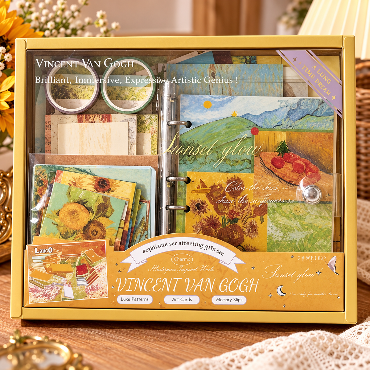 Vincent van Gogh scrapbook journal kit in yellow gift box with A6 notebook and decorative stationery