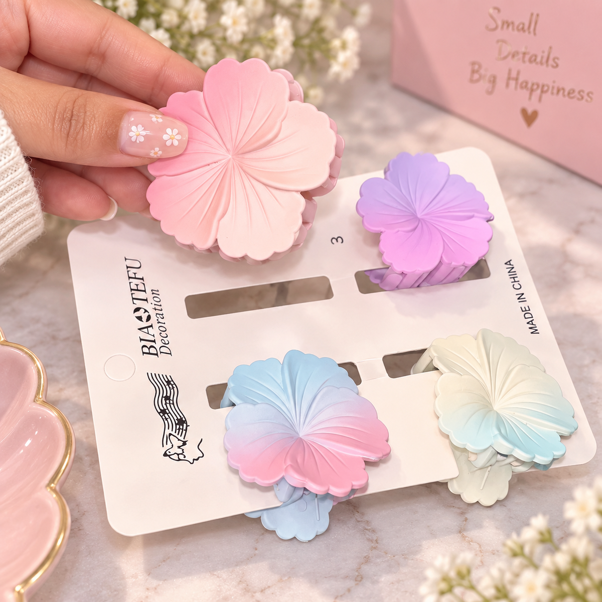Pastel Kawaii Hair Claw Clips Set — Flower, Seashell & Wavy Styles (Pack of 4)