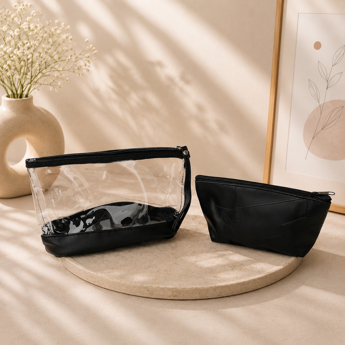 Multipurpose Pouch PU Leather & Clear Cosmetic Bag Set ( Set of 2)