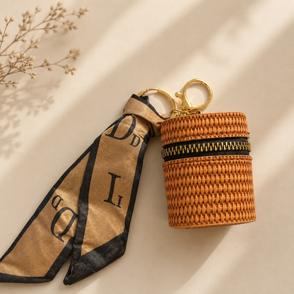 Bag Charm with Zipper & Silk Scarf Keychain for EarPods & mini essentials.