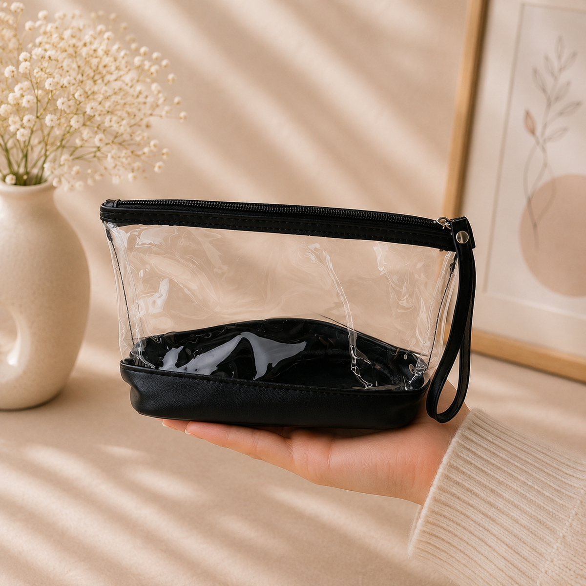 Multipurpose Pouch PU Leather & Clear Cosmetic Bag Set ( Set of 2)