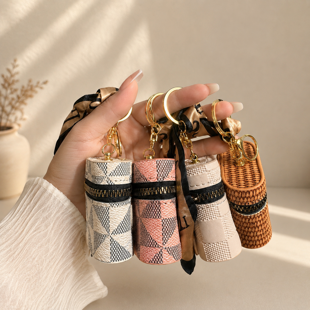 Bag Charm with Zipper & Silk Scarf Keychain for EarPods & mini essentials.