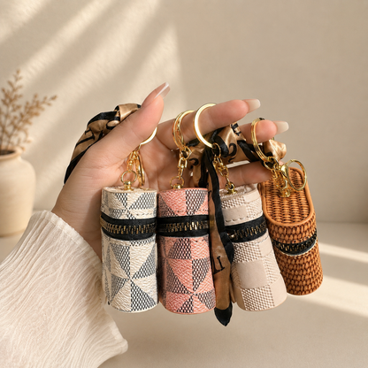 Bag Charm with Zipper & Silk Scarf Keychain for EarPods & mini essentials.