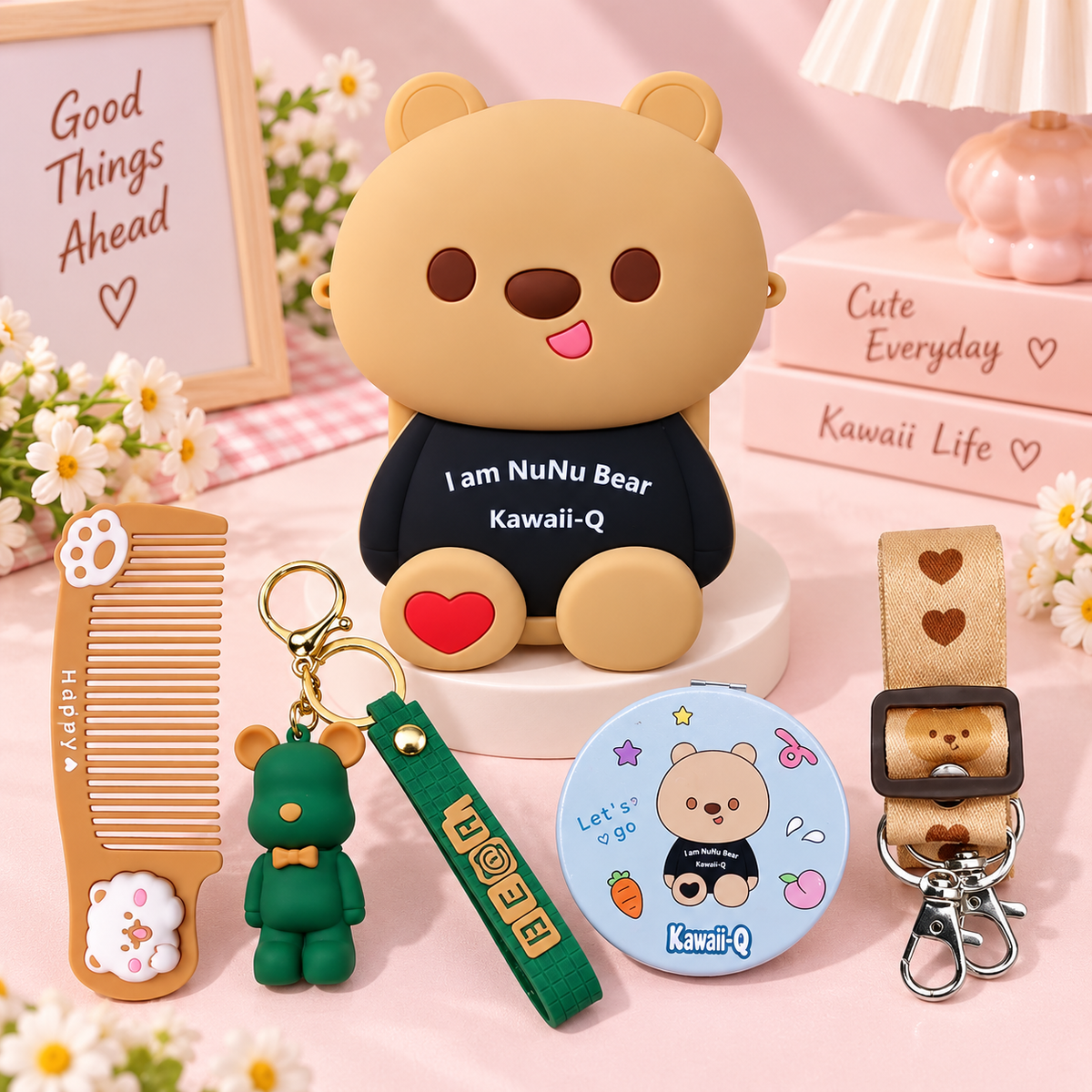 NuNu Bear Kawaii-Q Gift Set – Silicone Bag, Mirror, Keychain & Comb