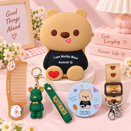 NuNu Bear Kawaii-Q Gift Set – Silicone Bag, Mirror, Keychain & Comb