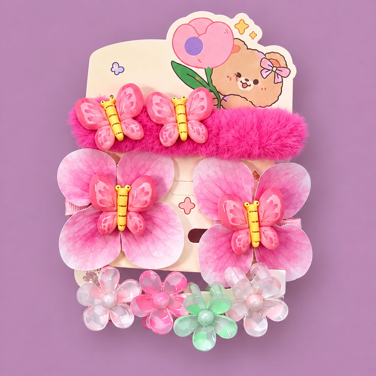 Kawaii Butterfly & Flower Hair Accessories Set for Girls | Fluffy Clip + Hair Ties