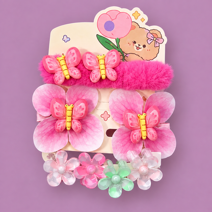 Kawaii Butterfly & Flower Hair Accessories Set for Girls | Fluffy Clip + Hair Ties