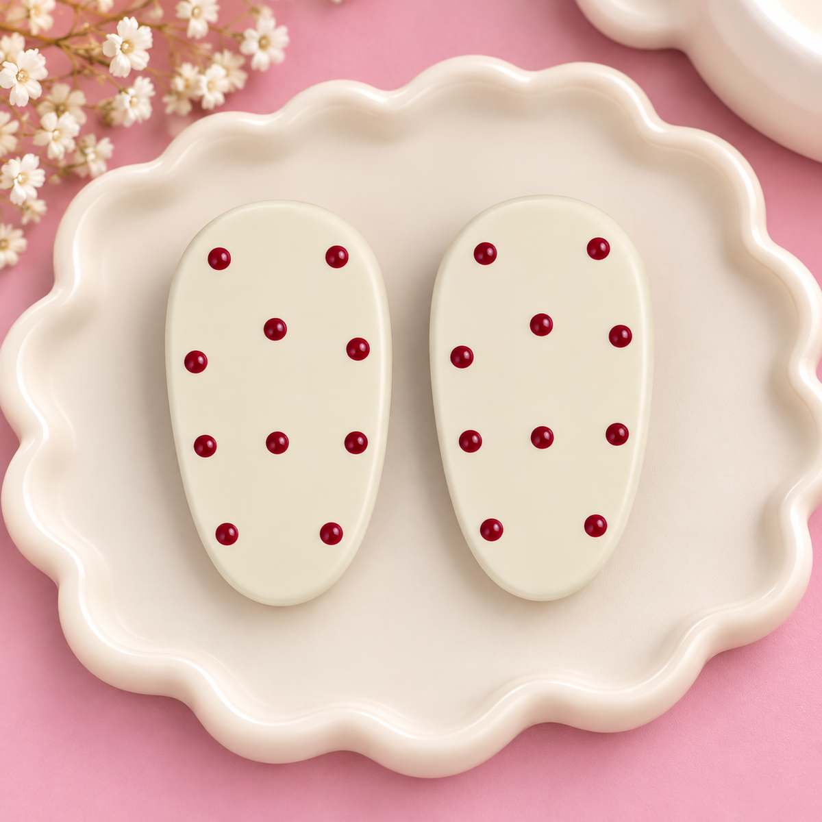Pair of burgundy oval hair clips with dark dots