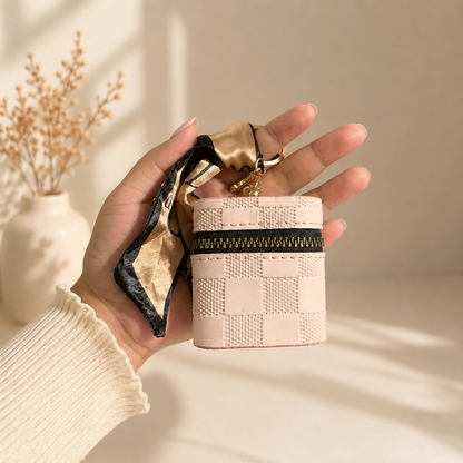 Bag Charm with Zipper & Silk Scarf Keychain for EarPods & mini essentials.