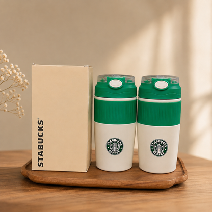 Starbucks-Inspired Insulated Tumbler with Flip & Straw Lid | 2-Way Sip | Cream & Green