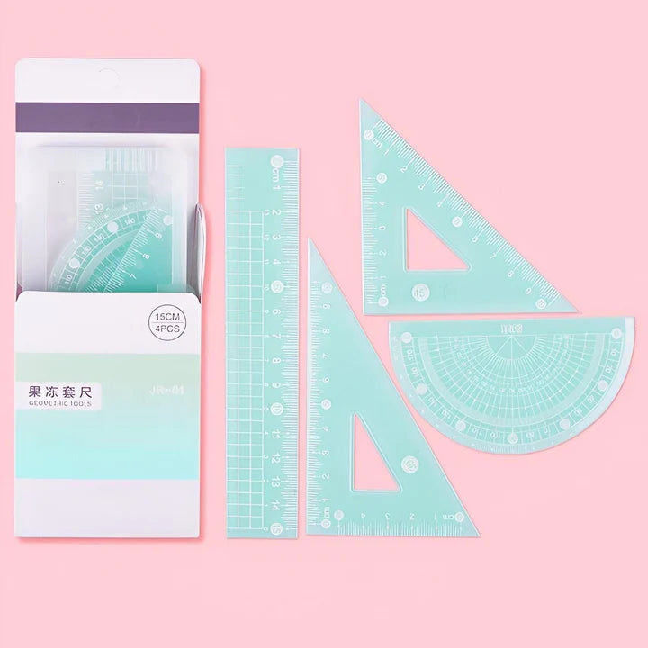 Kawaii Jelly Ruler Set | Pastel Geometric Tools | 4-Piece Stationery Set