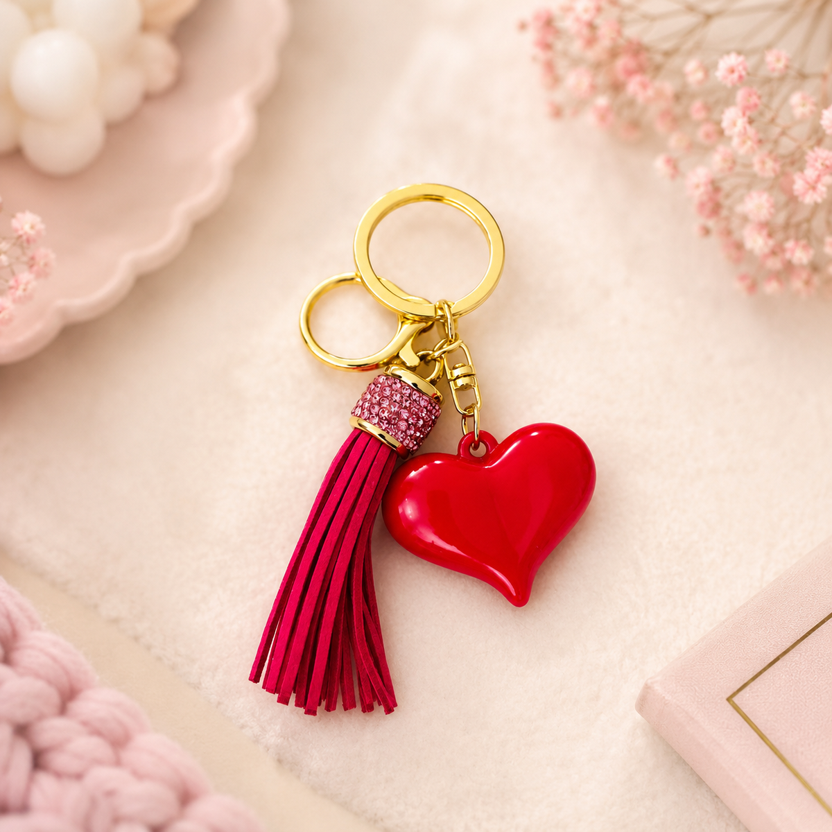 Purple chrome heart keychain with bow and lilac bead strand