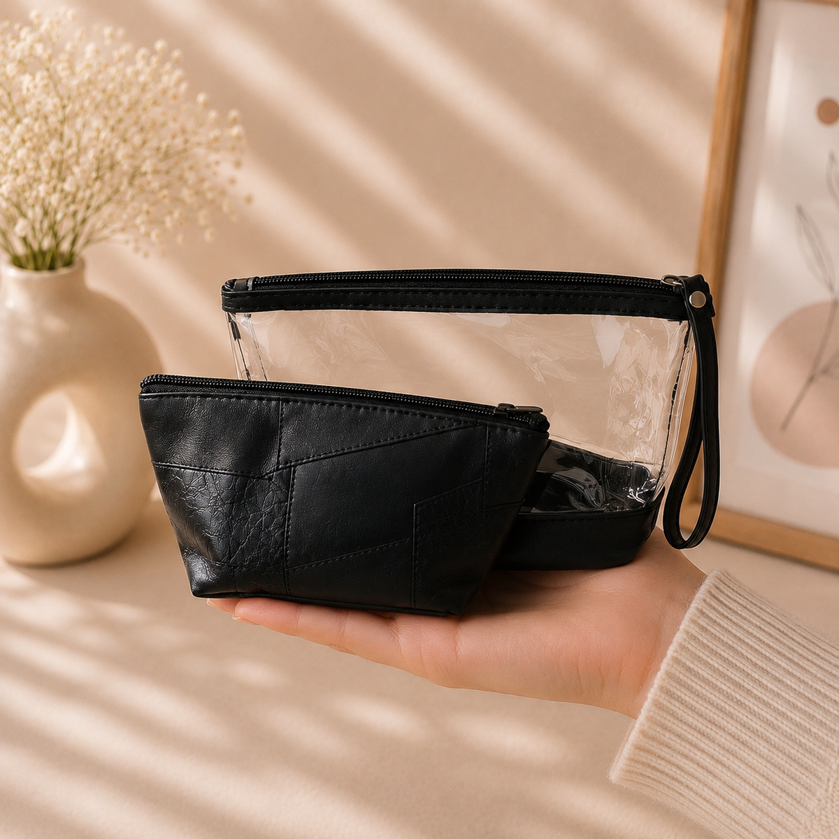Multipurpose Pouch PU Leather & Clear Cosmetic Bag Set ( Set of 2)