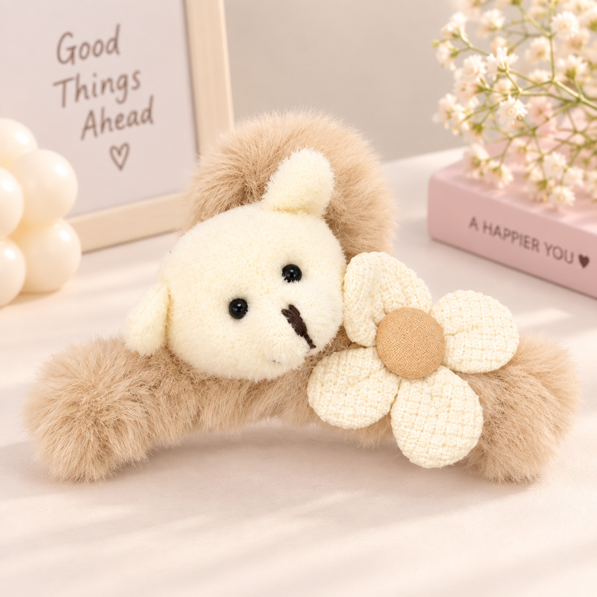 Fluffy Bear Flower Hair Clip | Kawaii Plush Claw Clip