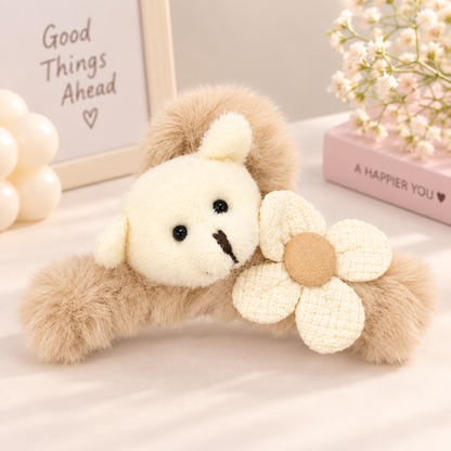 Fluffy Bear Flower Hair Clip | Kawaii Plush Claw Clip