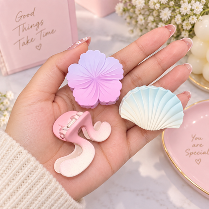 Pastel Kawaii Hair Claw Clips Set — Flower, Seashell & Wavy Styles (Pack of 4)