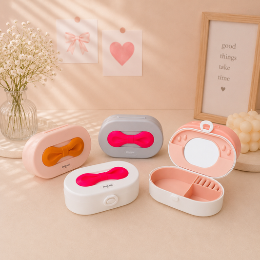 Kawaii Bow Storage Box with Mirror & Silicon Compartments