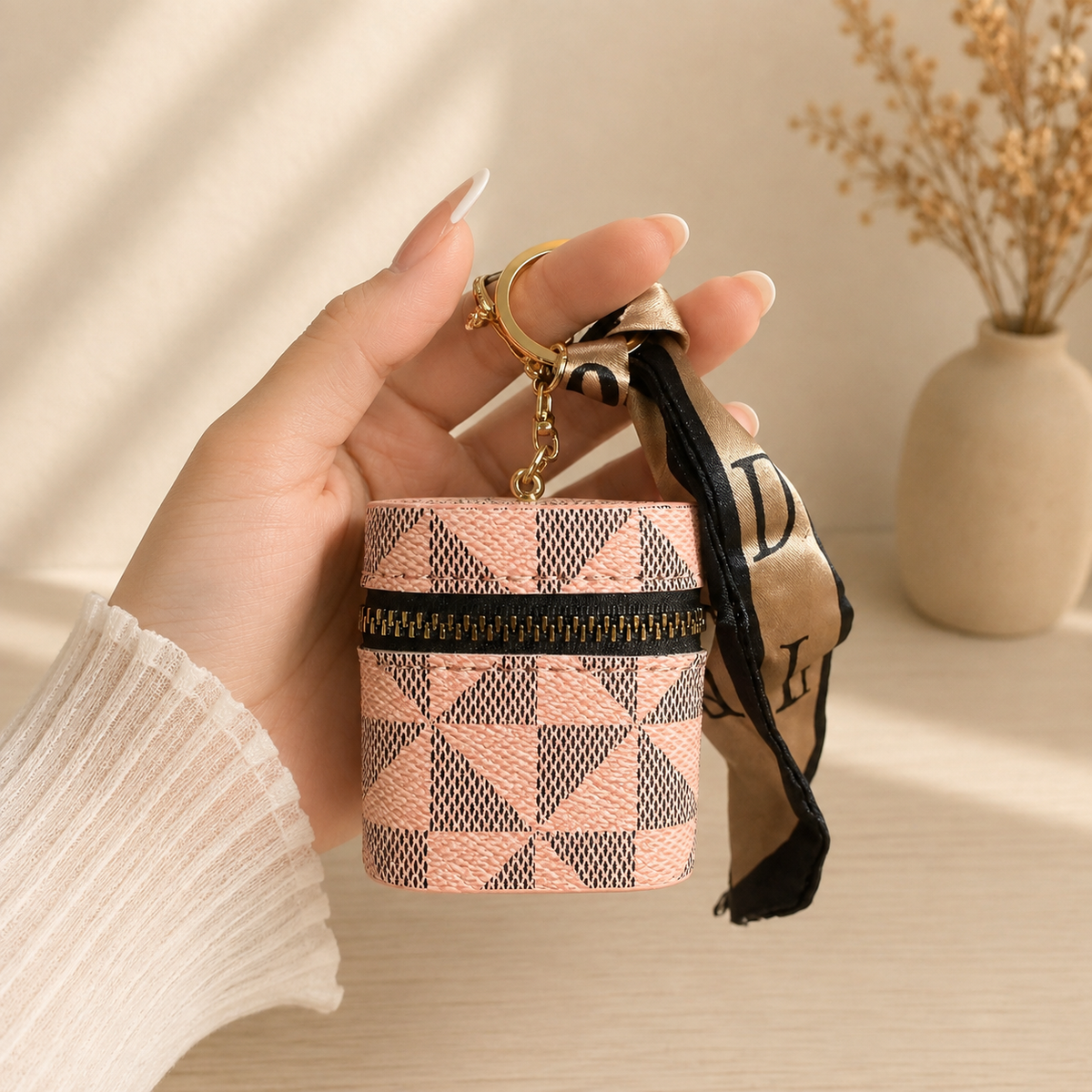 Bag Charm with Zipper & Silk Scarf Keychain for EarPods & mini essentials.