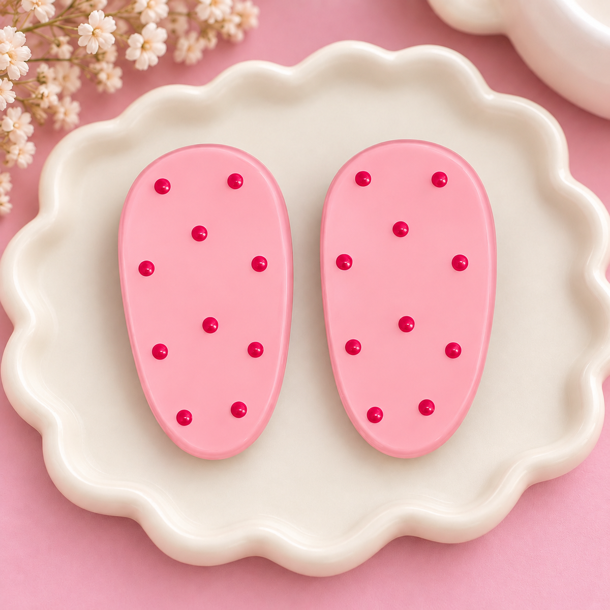 Pair of black and white polka dot oval hair clips