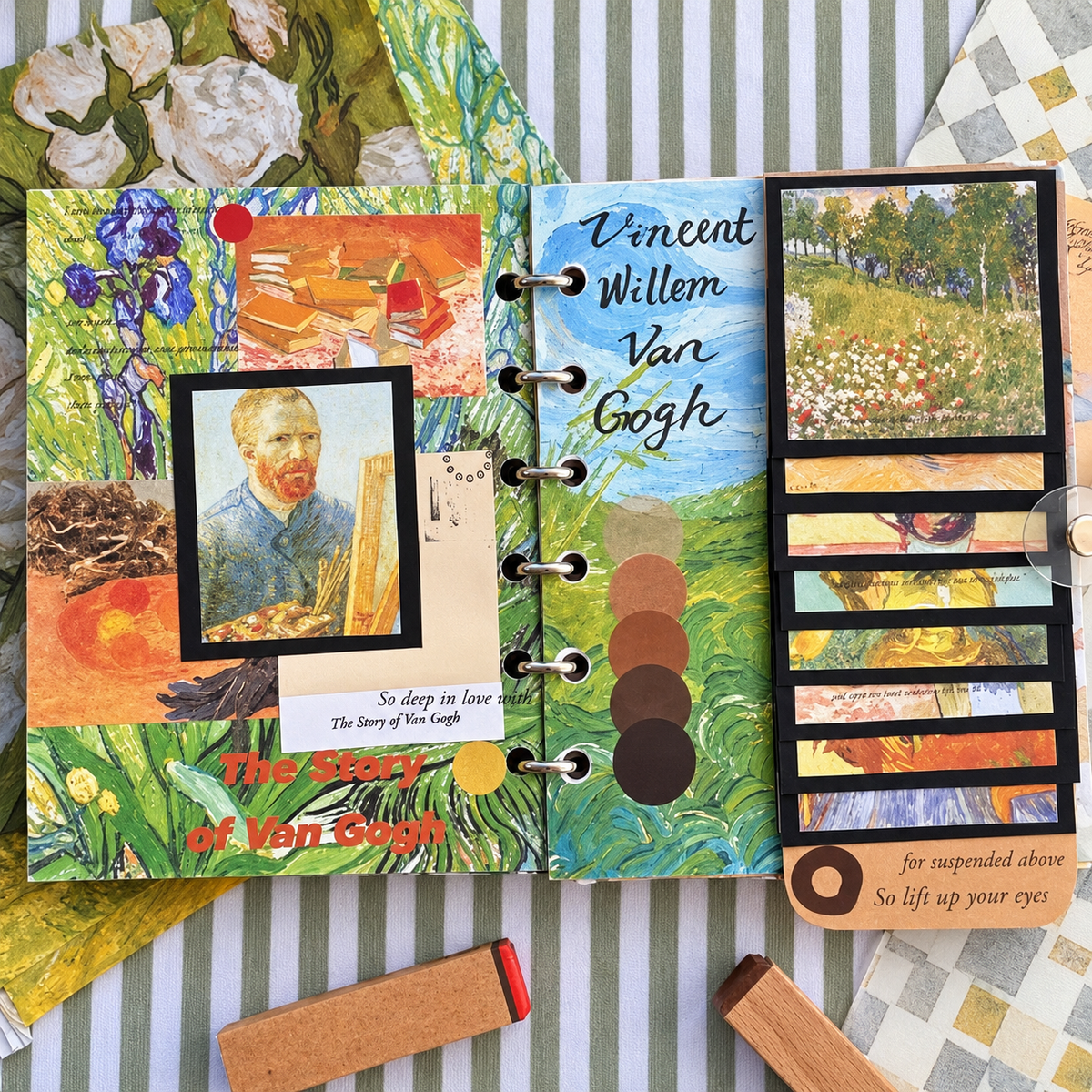 Open Vincent van Gogh ring-bound journal with artwork-inspired pages and paper inserts