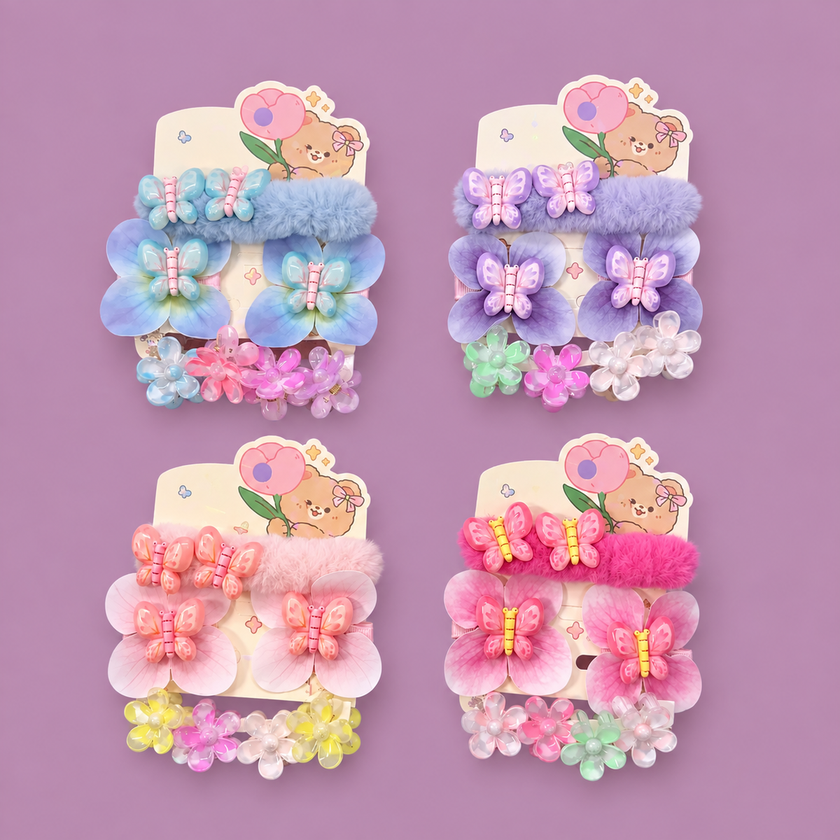 Kawaii Butterfly & Flower Hair Accessories Set for Girls | Fluffy Clip + Hair Ties