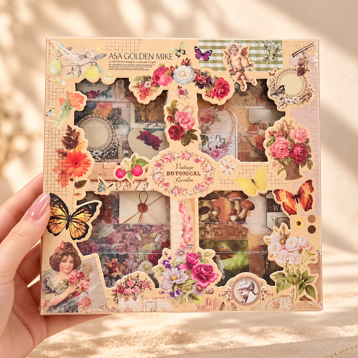 Front of Vintage Botanical Garden scrapbook sticker set with pink flowers and butterflies