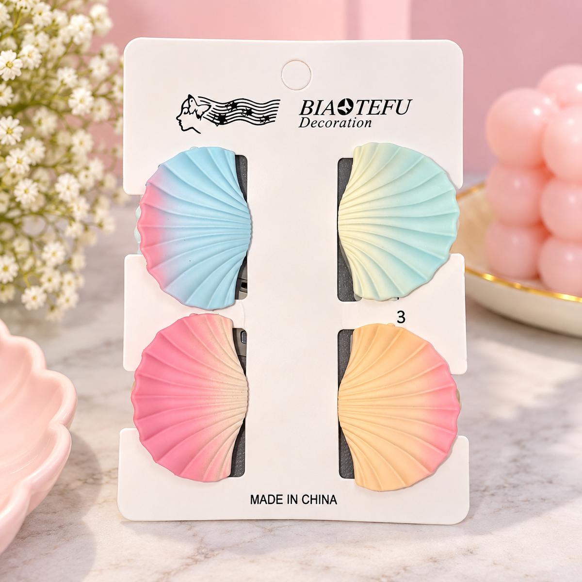 Pastel Kawaii Hair Claw Clips Set — Flower, Seashell & Wavy Styles (Pack of 4)
