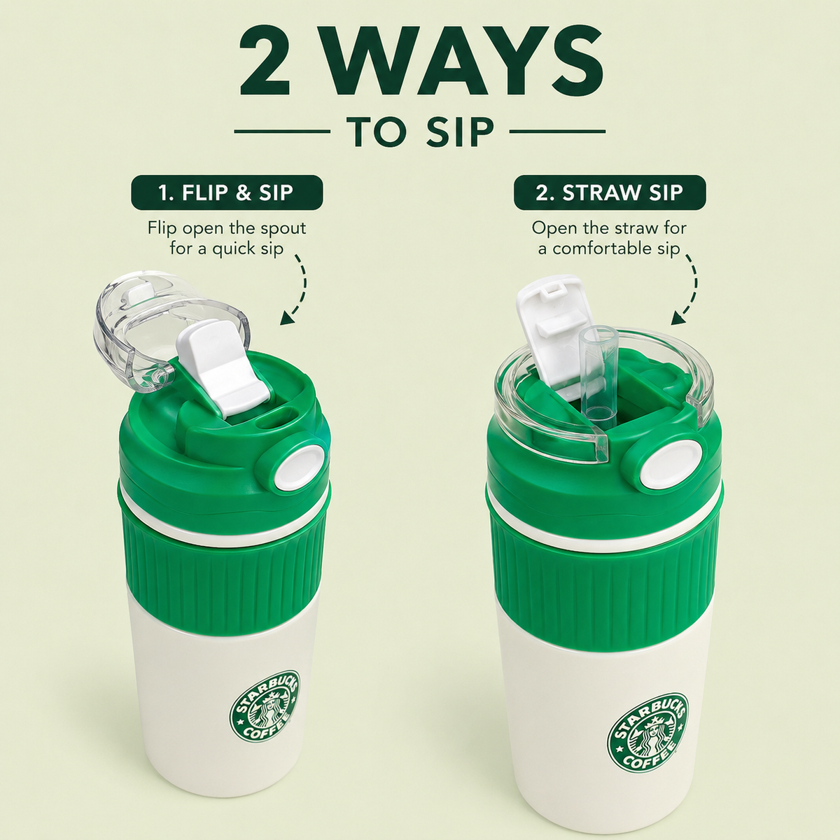 Starbucks-Inspired Insulated Tumbler with Flip & Straw Lid | 2-Way Sip | Cream & Green
