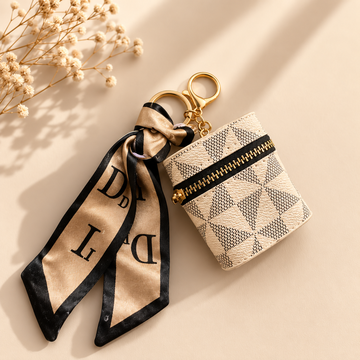 Bag Charm with Zipper & Silk Scarf Keychain for EarPods & mini essentials.