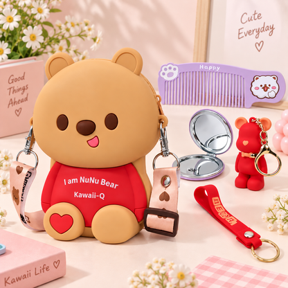 NuNu Bear Kawaii-Q Gift Set – Silicone Bag, Mirror, Keychain & Comb