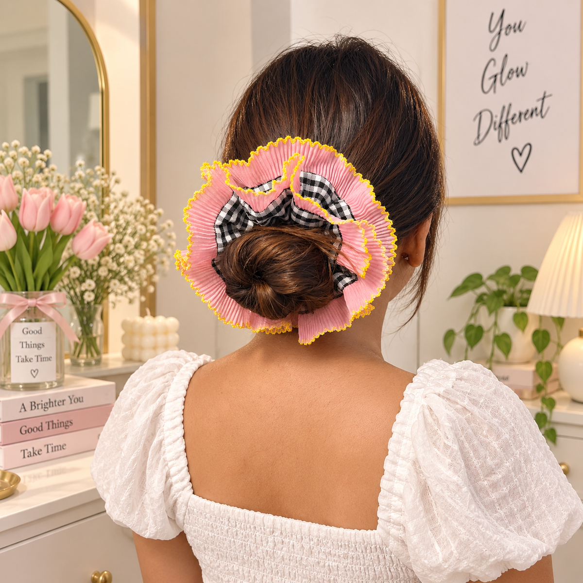 Ruffle Scrunchie – Pink & Gingham