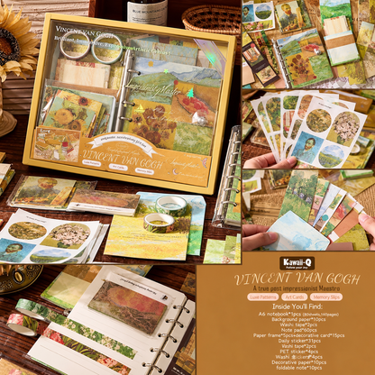 Van Gogh journal kit contents including notebook, washi tape, stickers and decorative papers