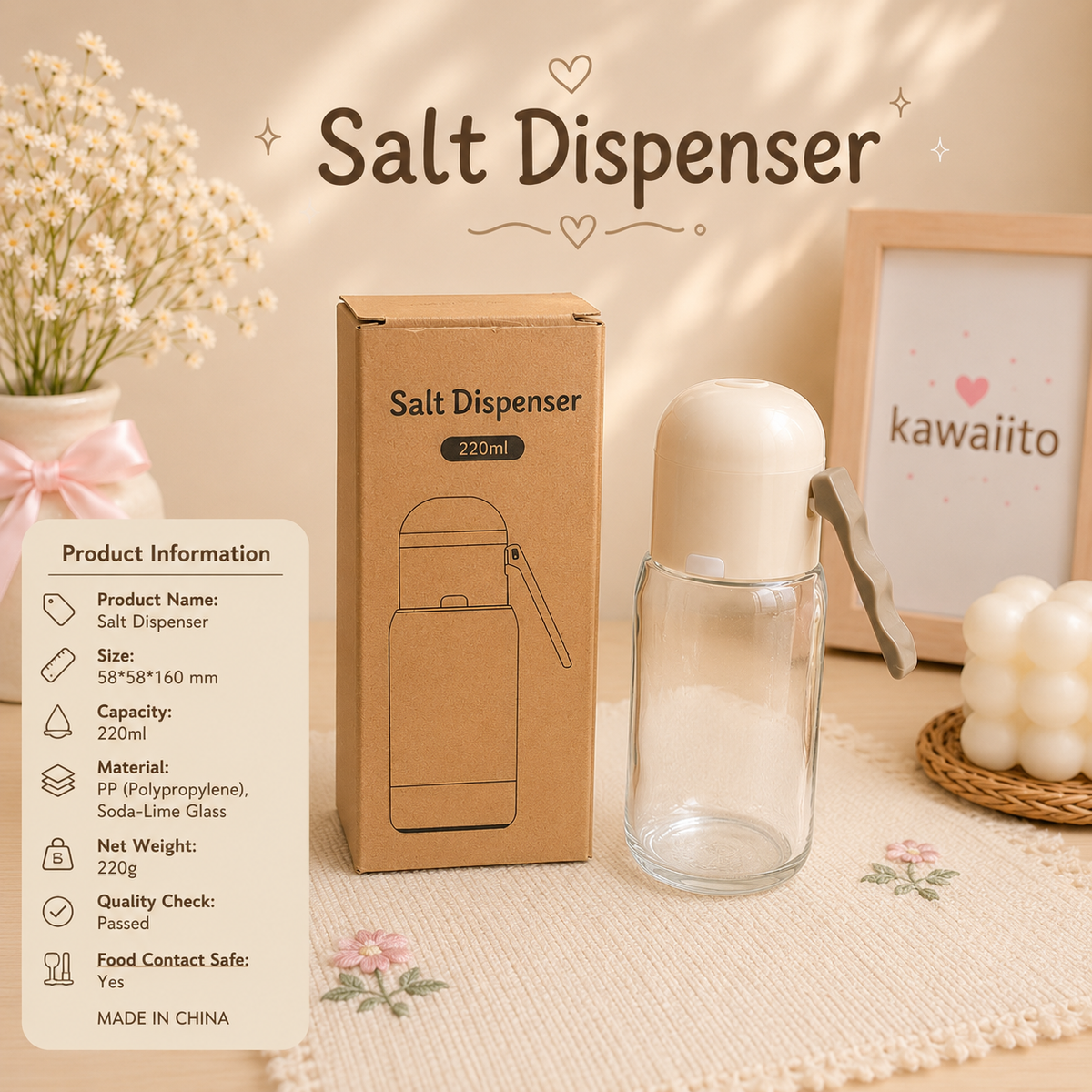 Kawaii Salt Dispenser – Aesthetic Glass Spice Shaker (220ml)