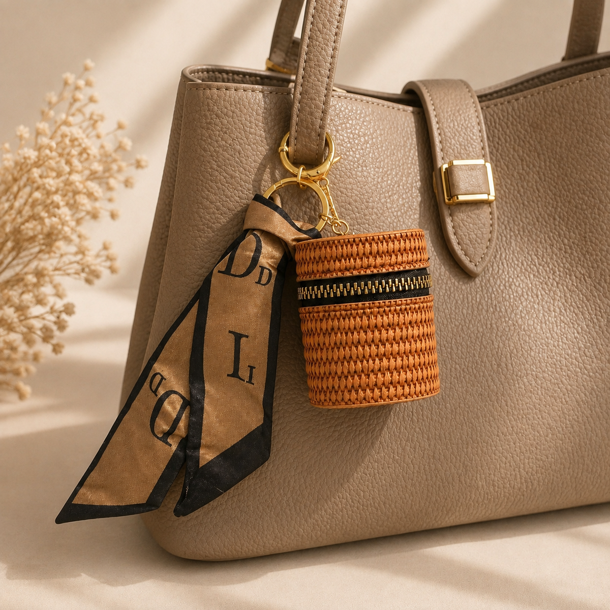Bag Charm with Zipper & Silk Scarf Keychain for EarPods & mini essentials.
